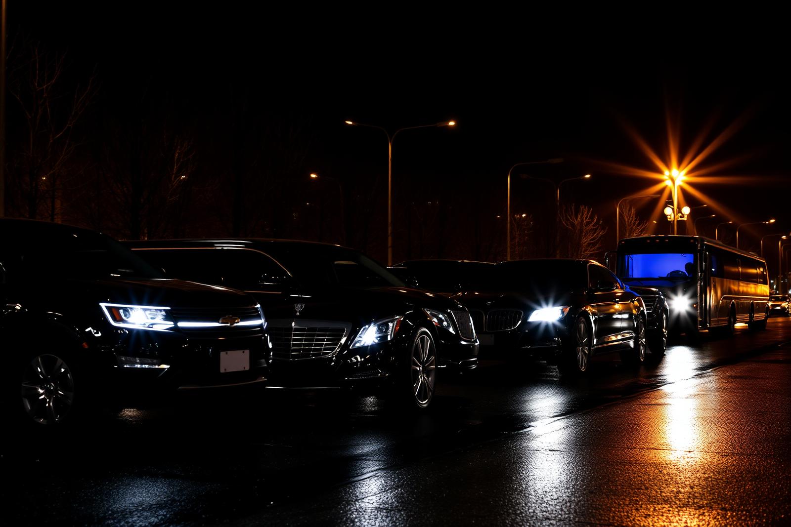 The Vian black-car fleet at night